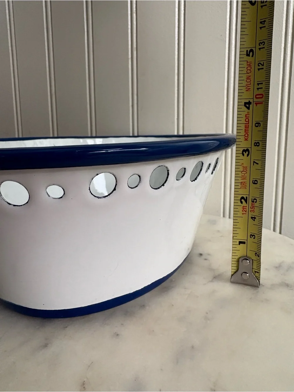 Vintage IKEA Enamel Arv Idyell Perforated Oval Bowl White & Blue Floral VTG 90s